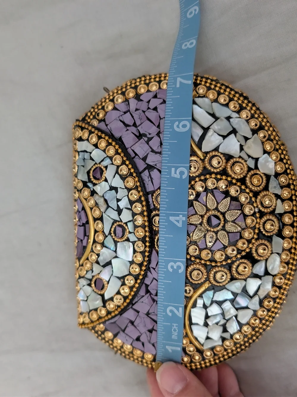 NWT RAMLA Beverly Hills Handmade Mosaic Stone Clutch Bag Purple Gold